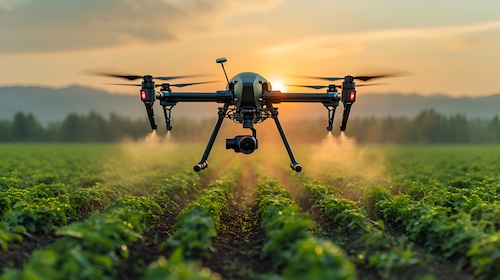 High Tech Drone Spraying Crops In The Early Morning Light, A Modern Farm Scene